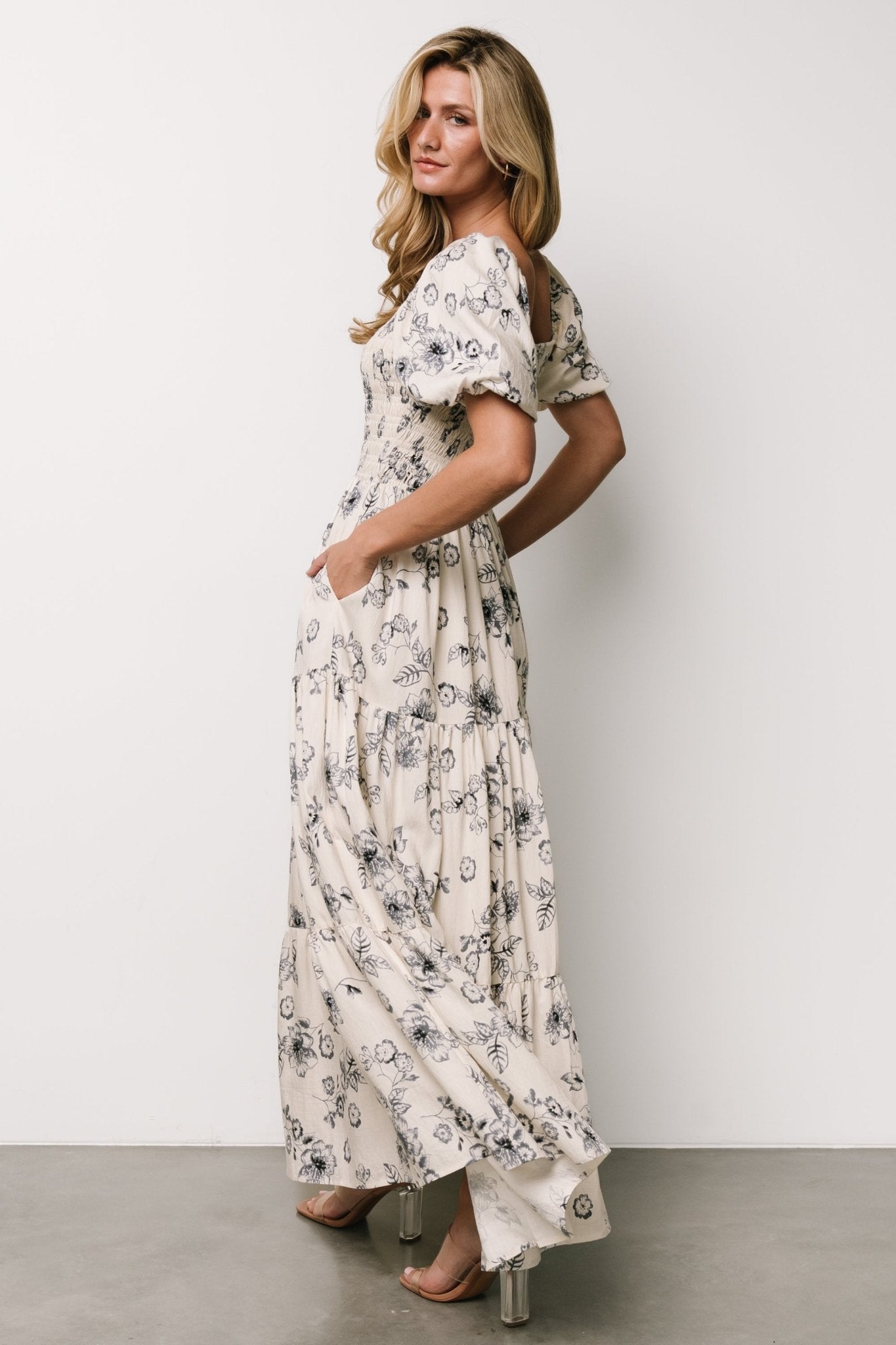 Susanna Smocked Maxi Dress | Ivory + Blue Floral