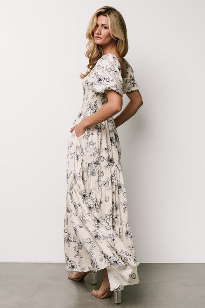 Susanna Smocked Maxi Dress | Ivory + Blue Floral