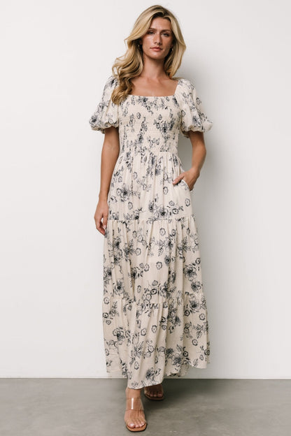 Susanna Smocked Maxi Dress | Ivory + Blue Floral
