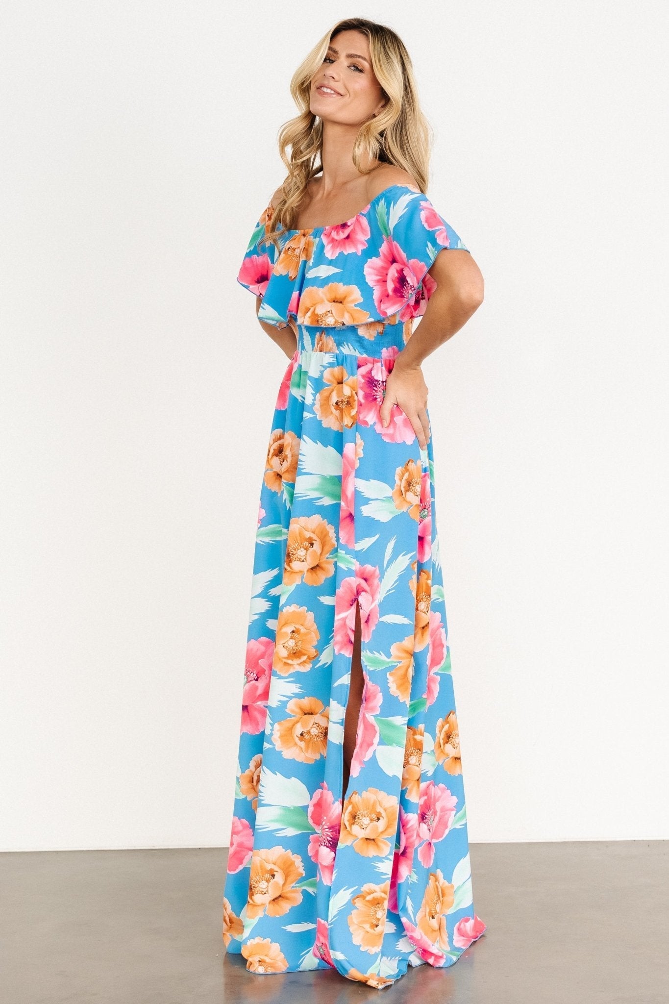 Talia Off Shoulder Maxi Dress | Sea Blue Floral