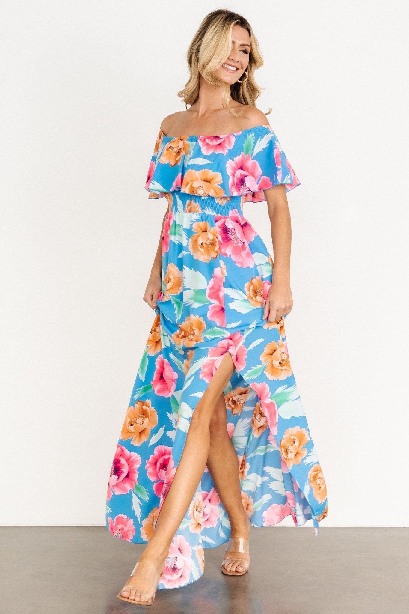 Talia Off Shoulder Maxi Dress | Sea Blue Floral