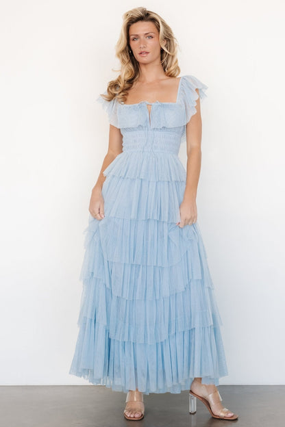 Valora Swiss Dot Tulle Maxi Dress | Light Blue