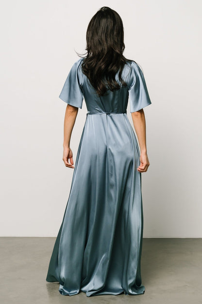 Vara Satin Maxi Wrap Dress | Dusty Blue