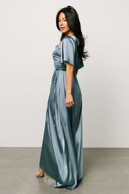 Vara Satin Maxi Wrap Dress | Dusty Blue