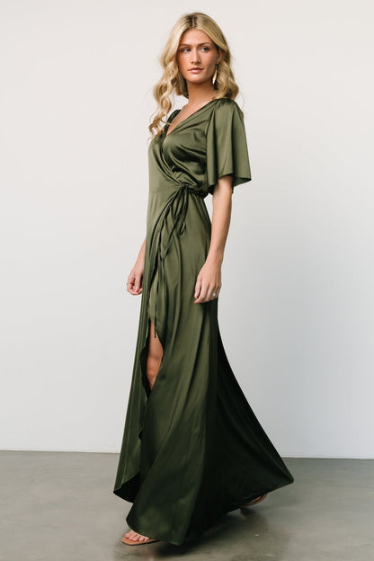 Vara Satin Maxi Wrap Dress | Juniper Green