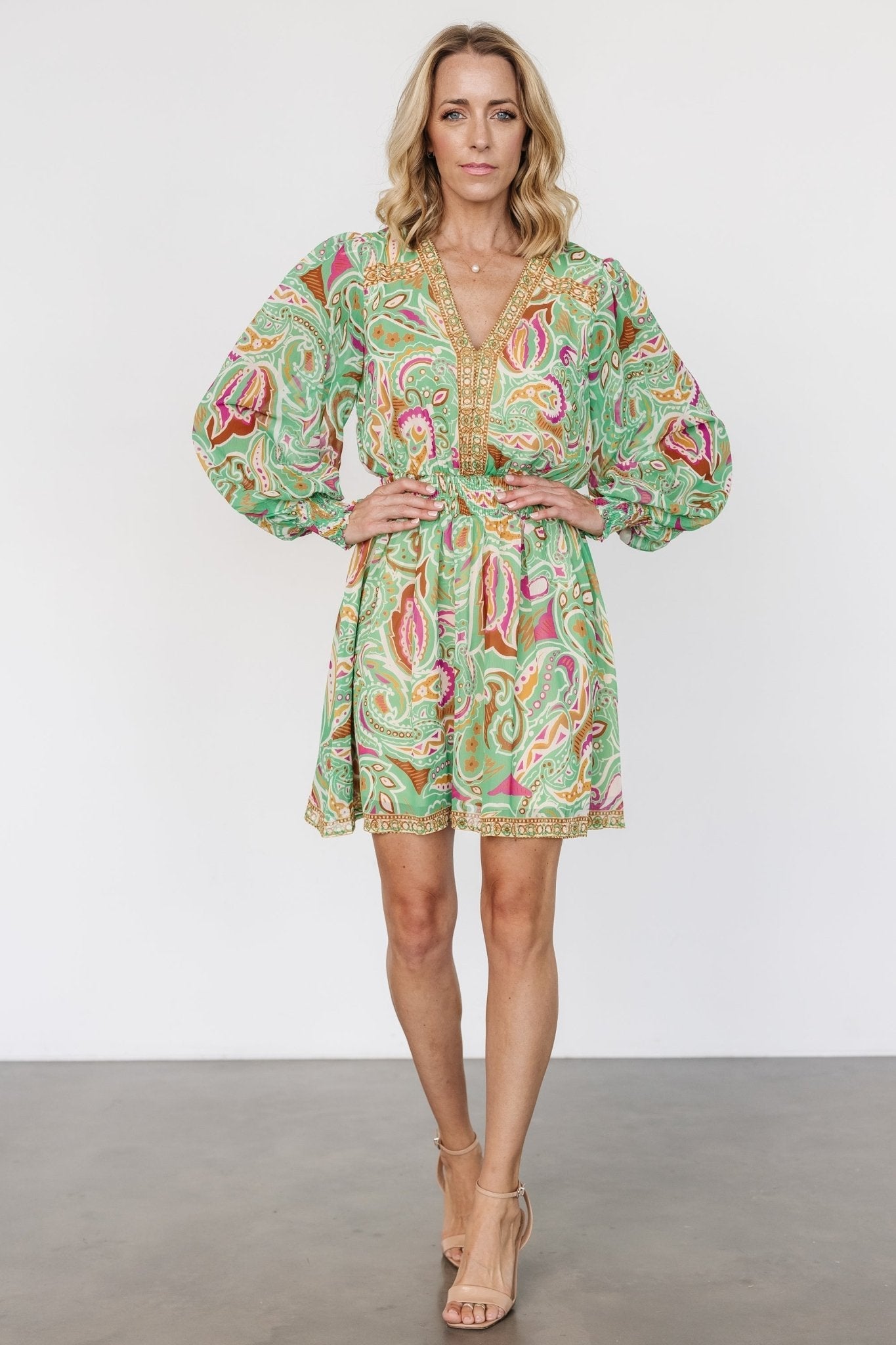 Vesta Short Dress | Green Print